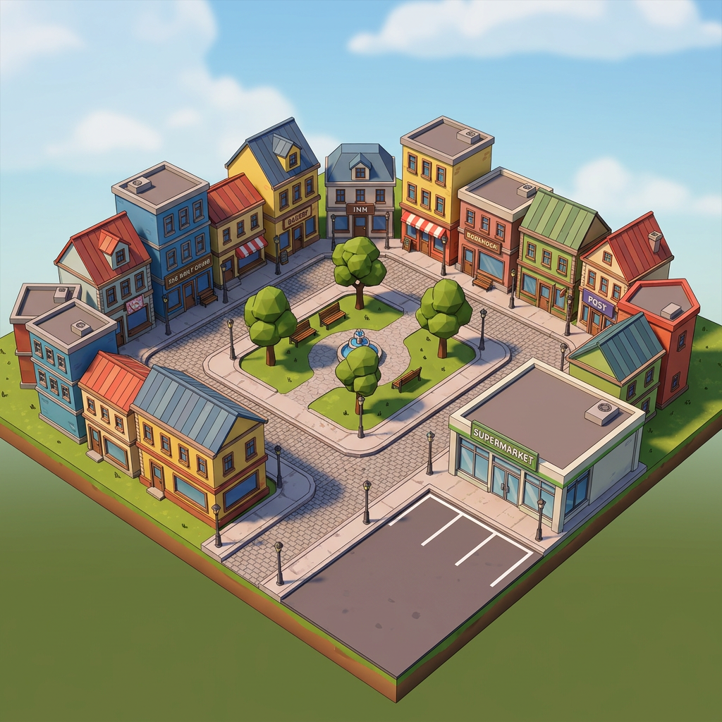 Image: A self-contained low-poly town, 3D game asset, car