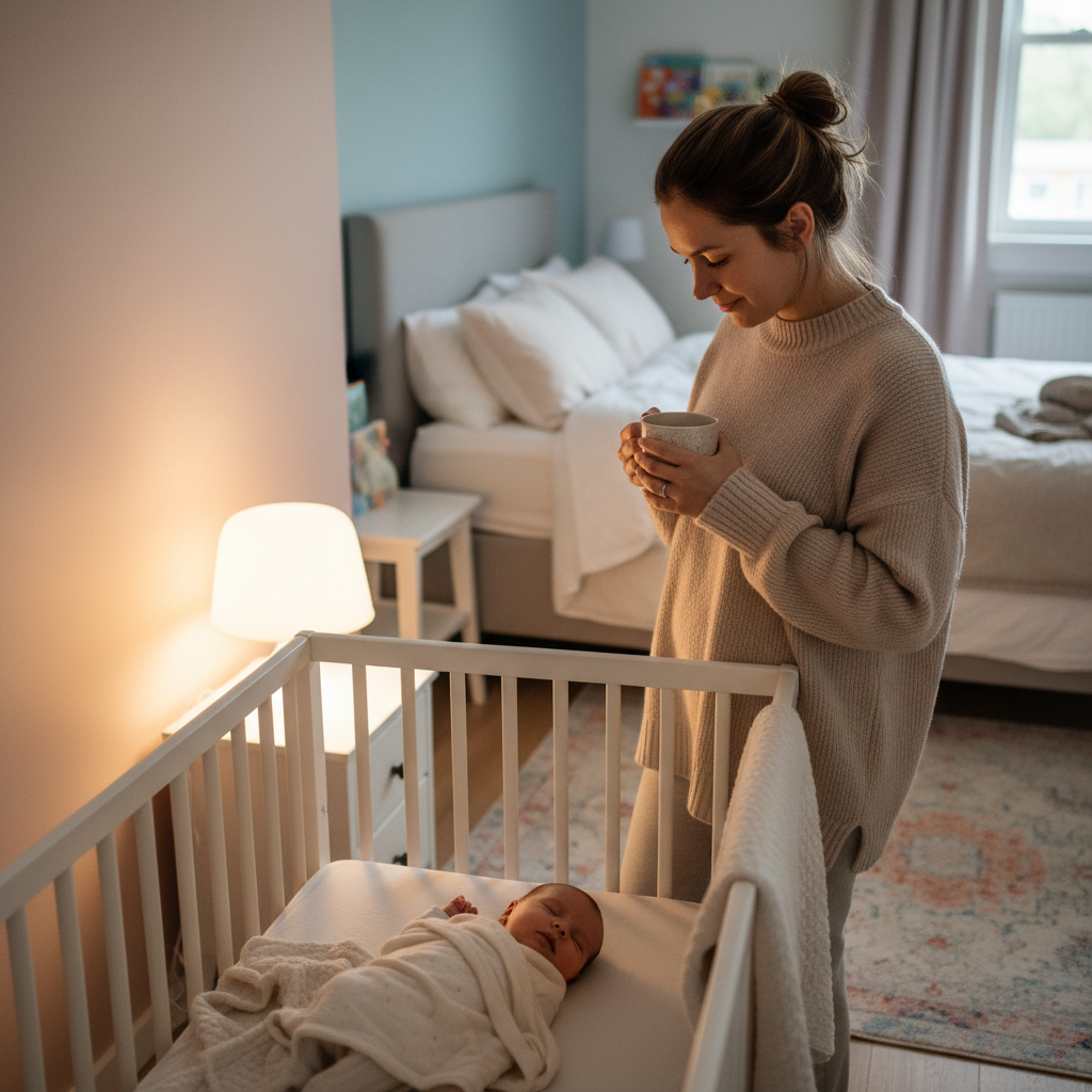 Gece lambası ışığında bebeğine bakan anne