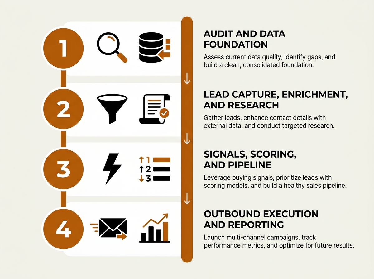 Four-phase sales process automation implementation timeline infographic