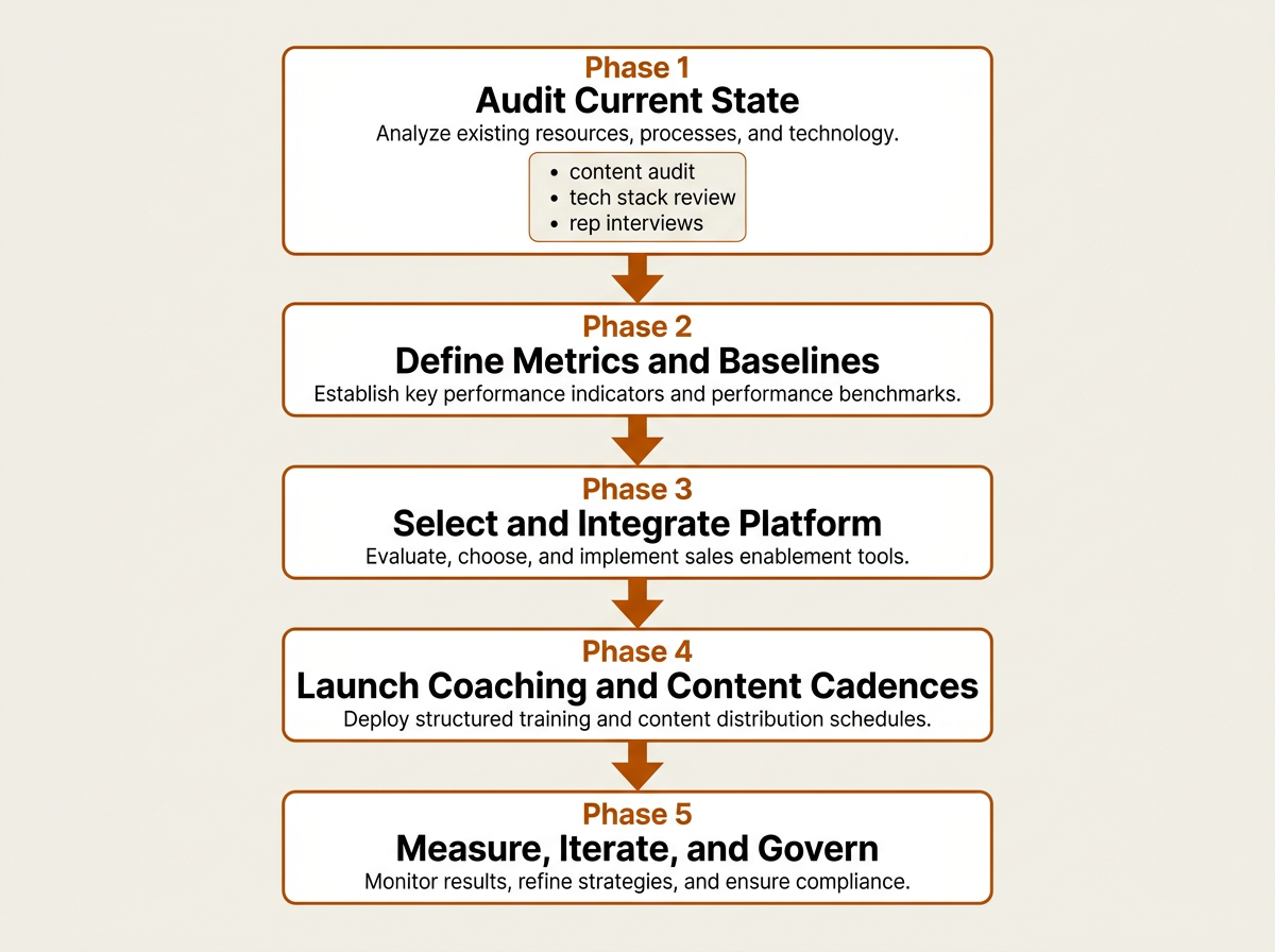 Five-phase sales enablement implementation flowchart from audit to governance