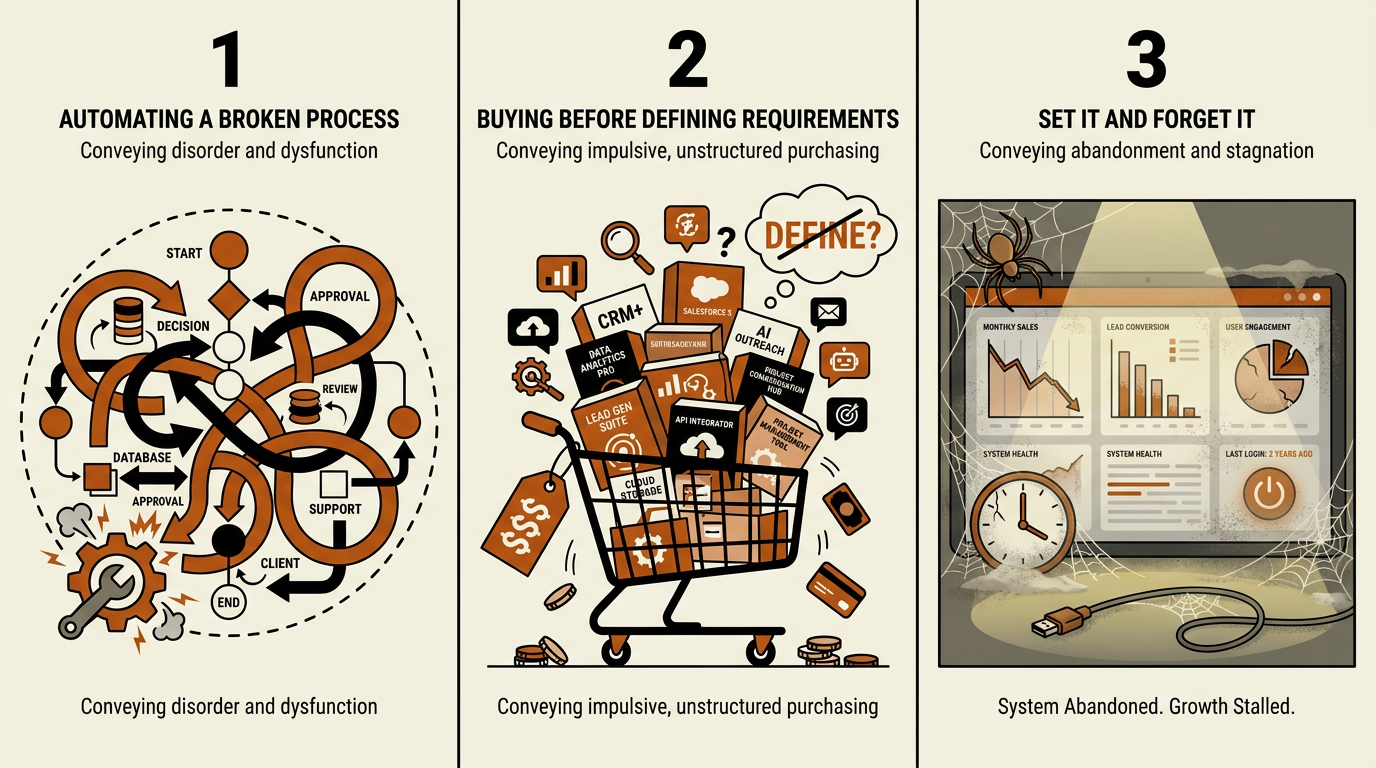 Three common sales pipeline automation mistakes illustrated in panels