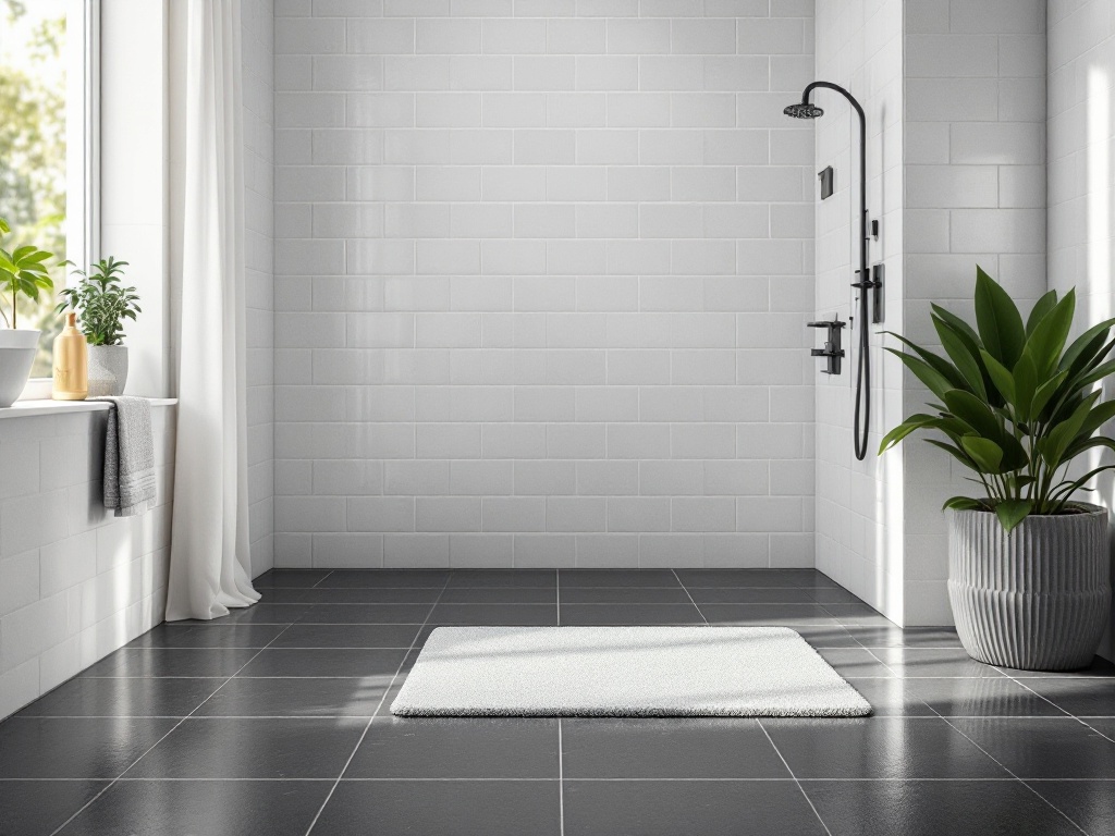 Bathroom mat positioned on dark tile flooring next to a wet shower area in a contemporary bathroom