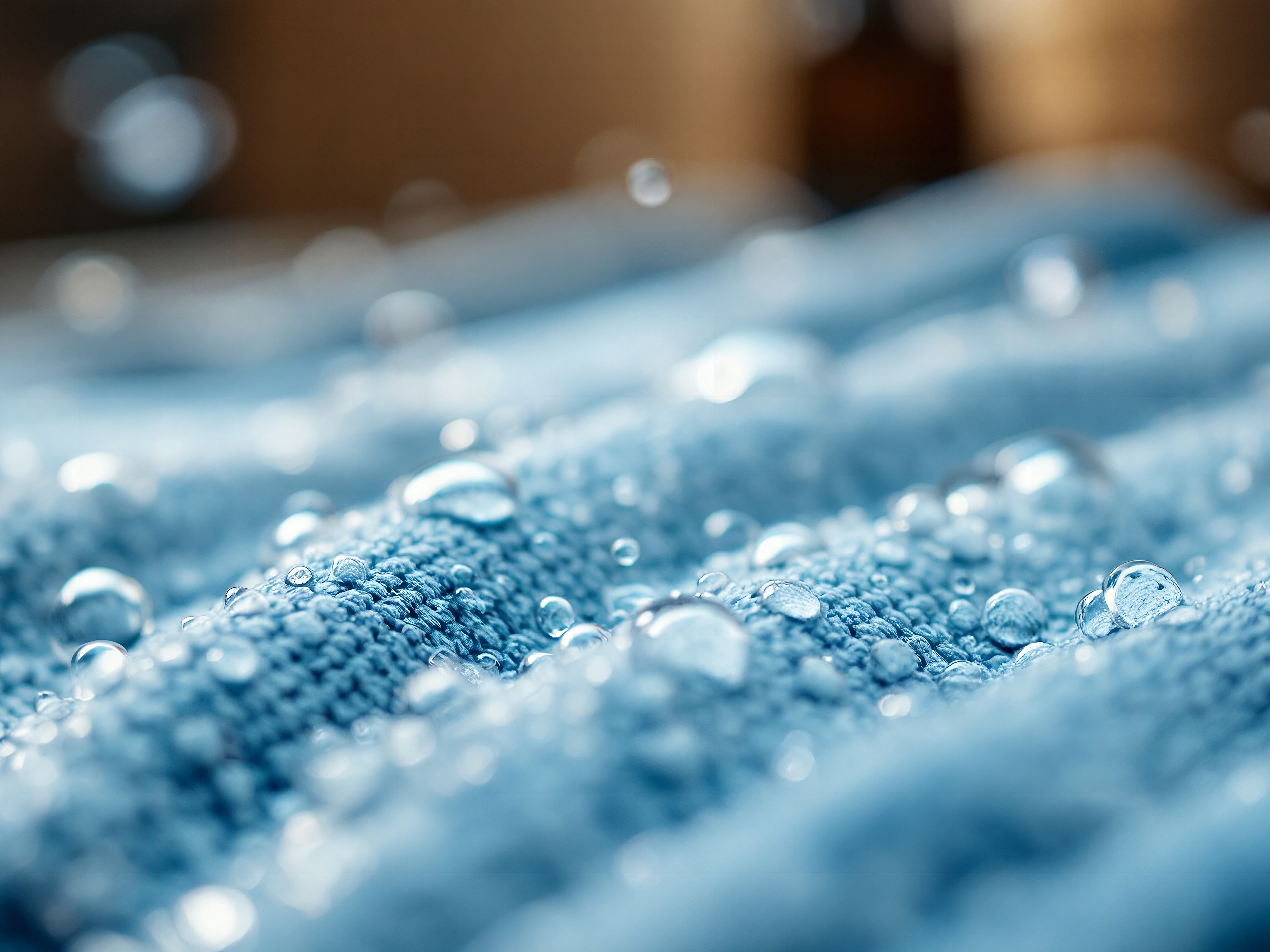 Close-up of a bathroom mat's water-resistant surface with water droplets beading on top