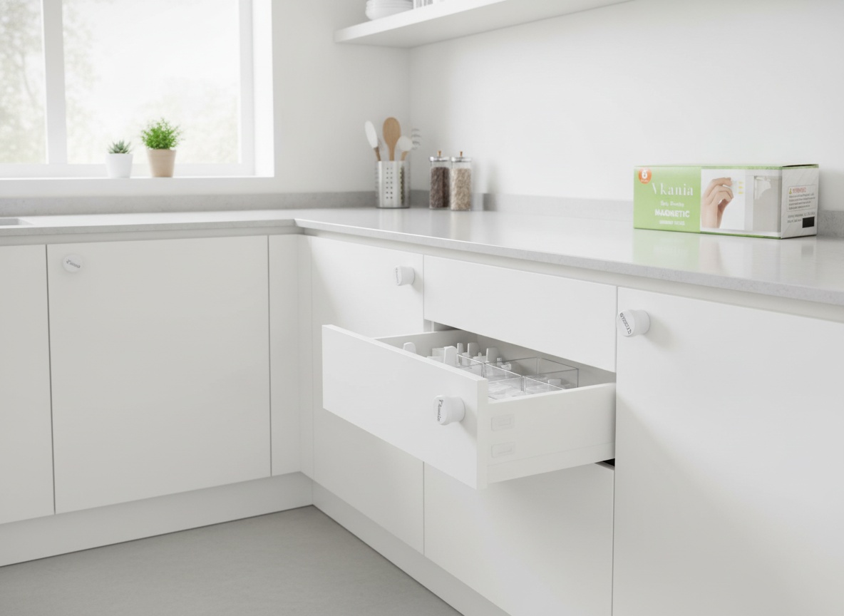 Modern kitchen with magnetic safety locks installed on white cabinets and drawers throughout the room