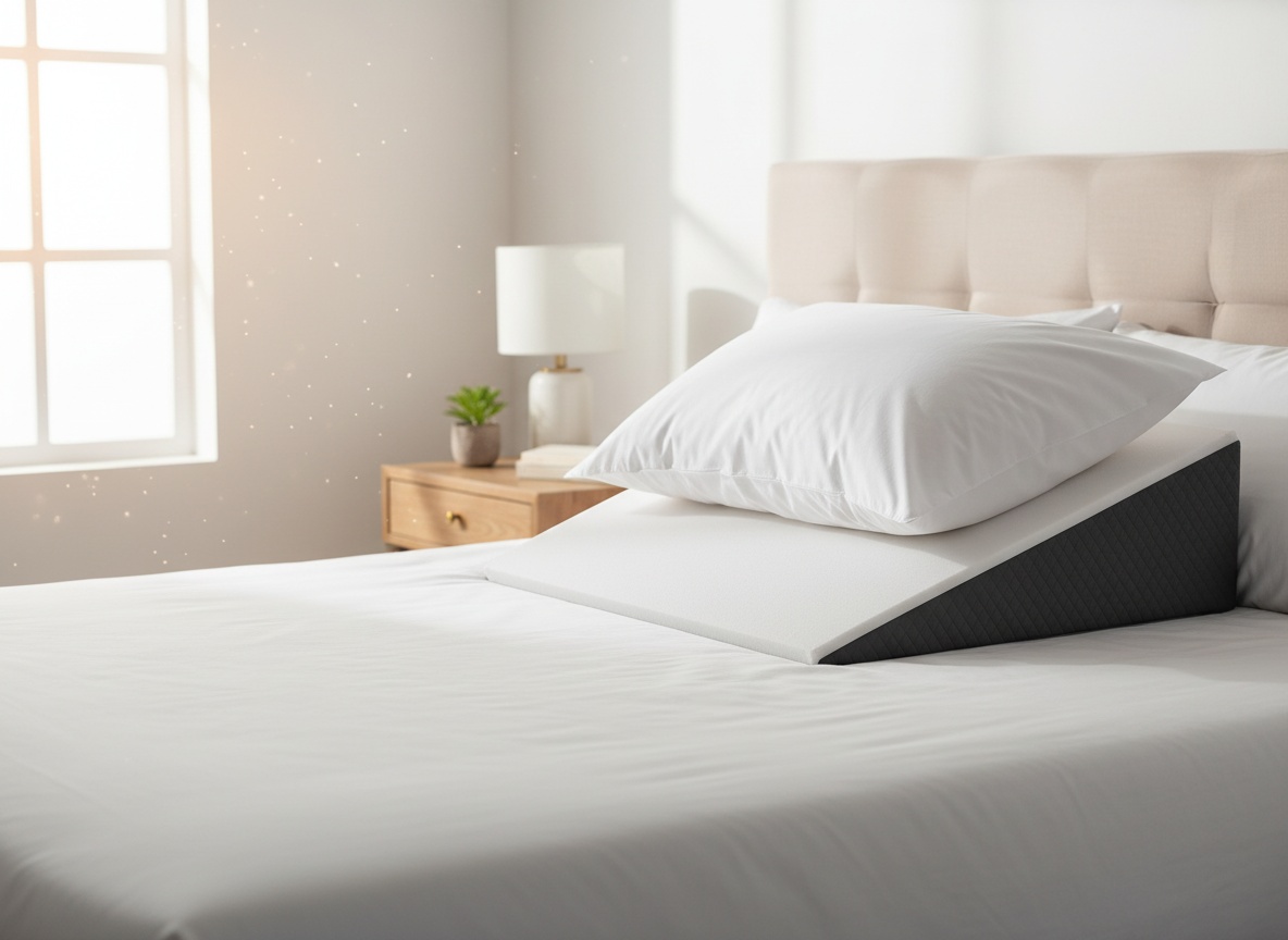Kolbs bed wedge pillow propped on a made bed in a sunlit bedroom with white bedding