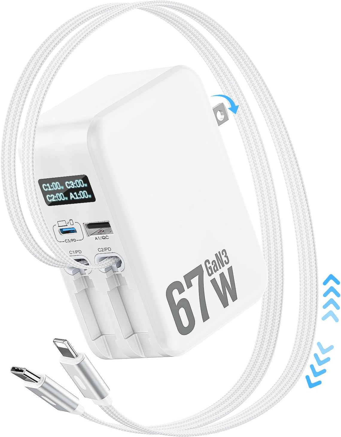 Retractable wall charger installed on nightstand outlet amid bedroom items and soft natural lighting
