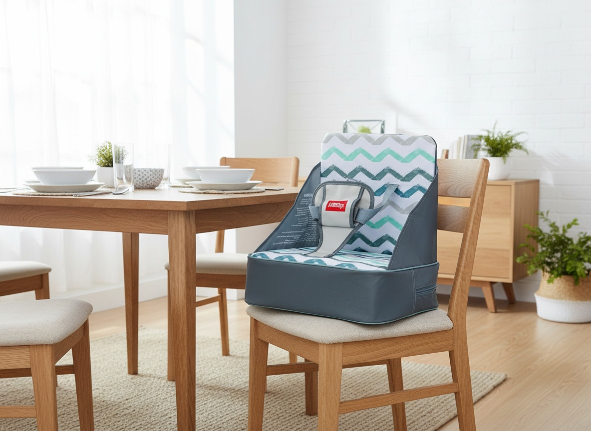 Nuby booster seat secured on dining chair at a set table in a bright kitchen dining area