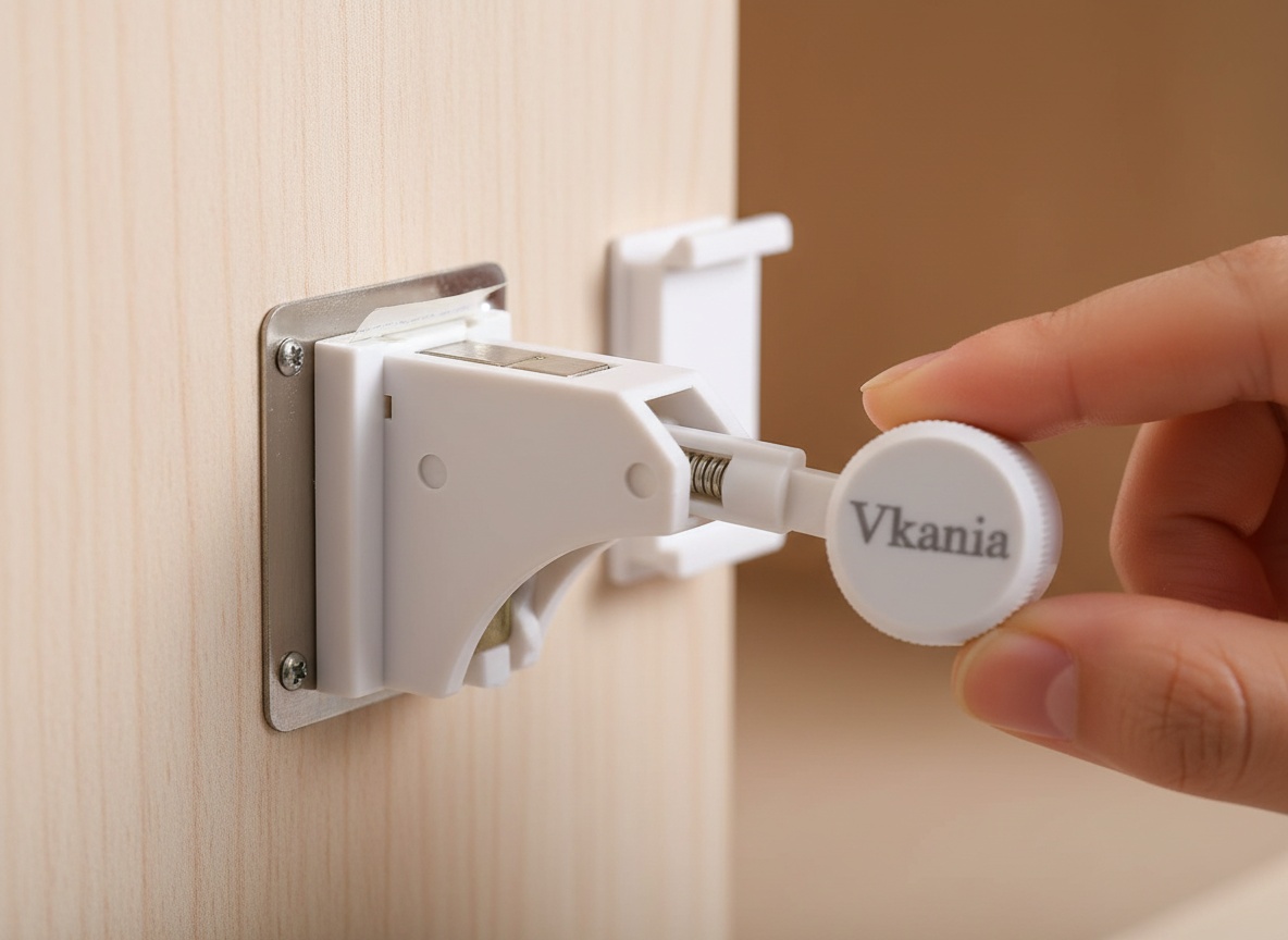 Macro close-up of magnetic safety lock showing metal catch plate and adhesive backing in sharp detail