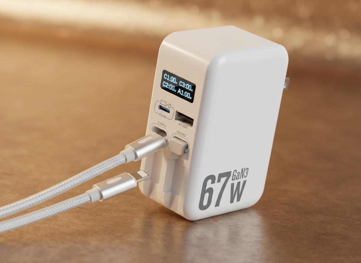Close-up of 67W retractable charger showing compact dual cables and LED display against metal surface