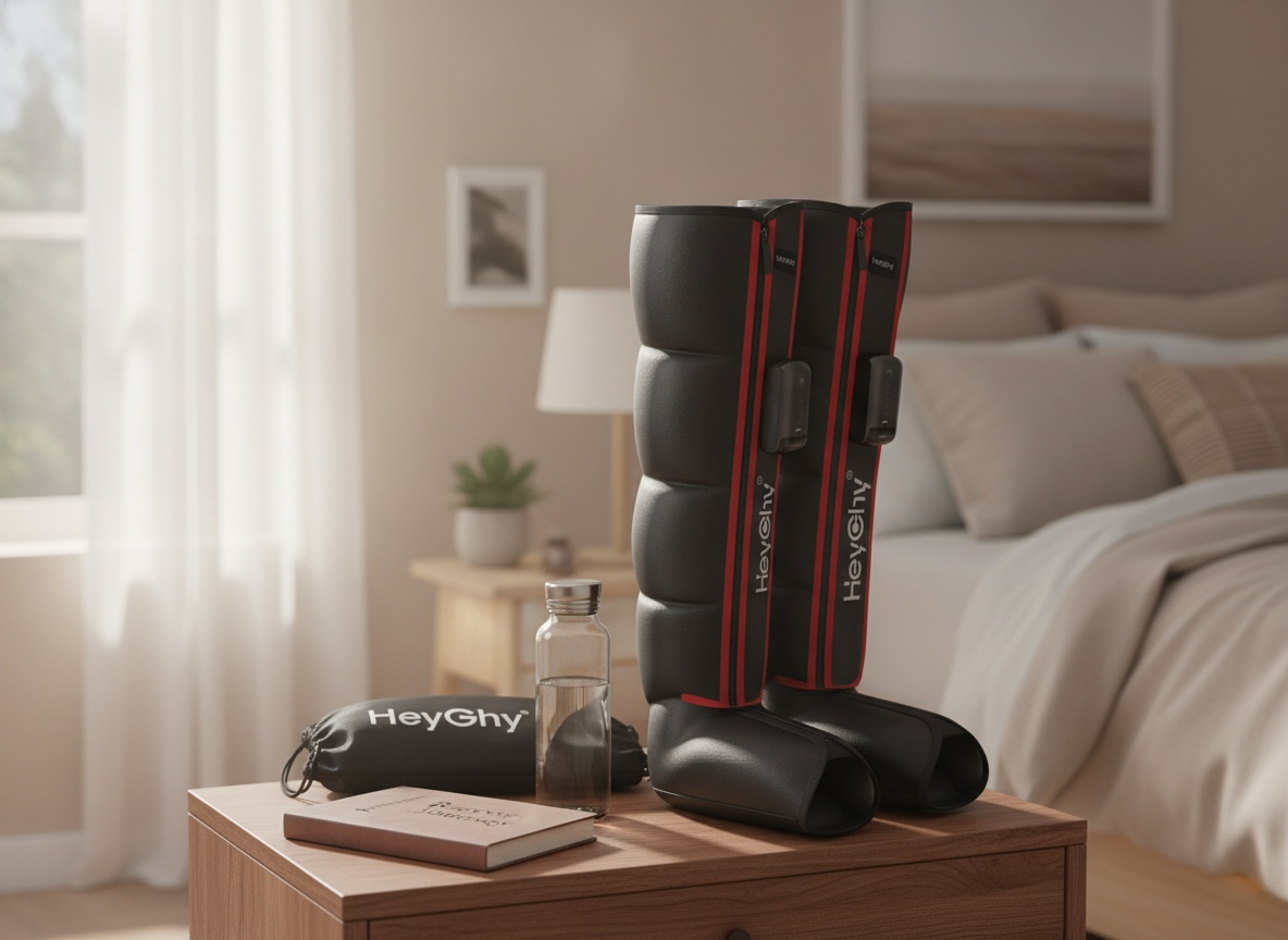 Compression recovery boots on nightstand in bedroom setting with recovery items nearby