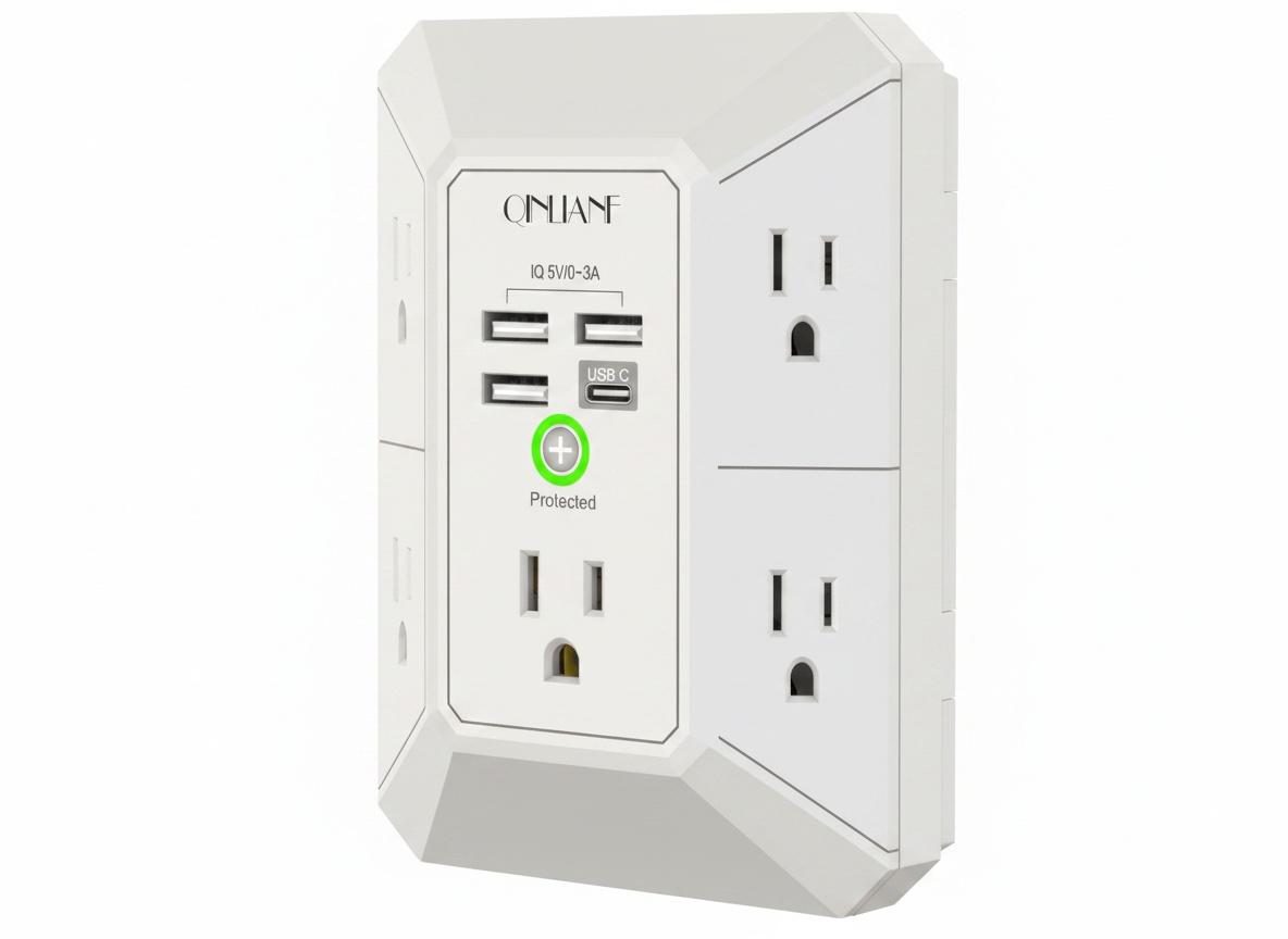 Macro close-up of the QINLIANF 5-outlet surge protector showing outlet and USB port details