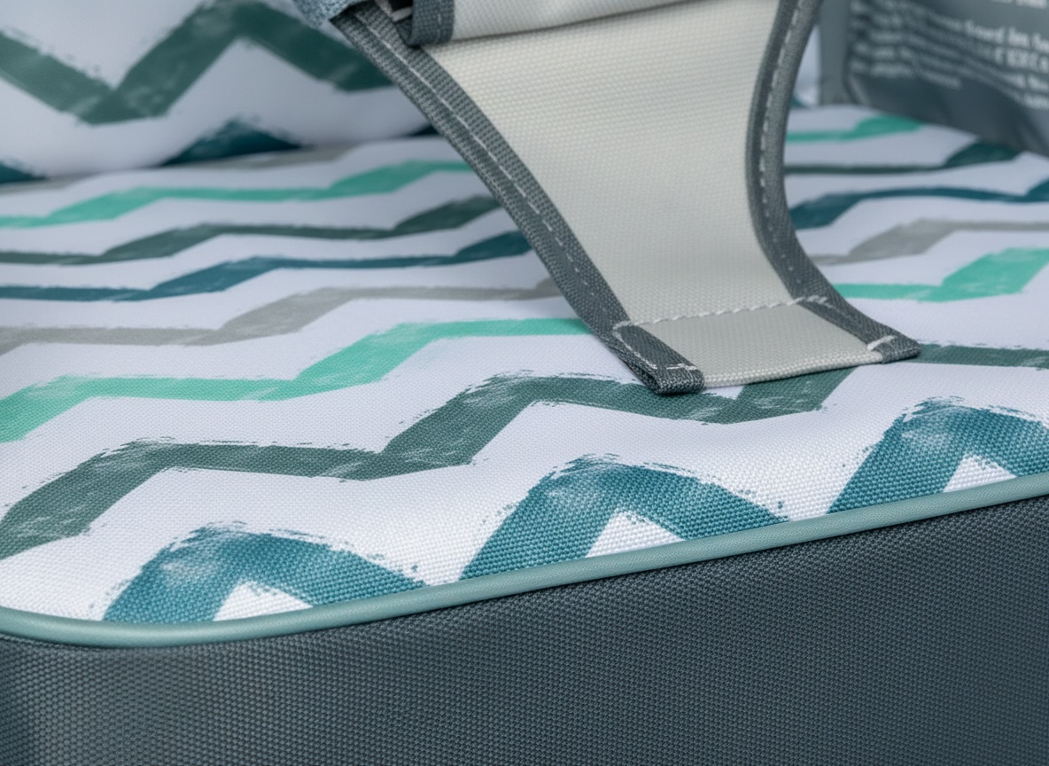 Close-up of gray chevron pattern and stitching detail on Nuby Easy Go Booster Seat fabric
