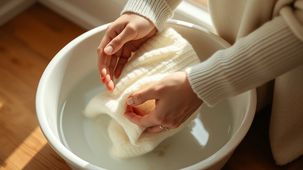 Hands gently hand-washing a cream cashmere knit in a white ceramic basin with natural light