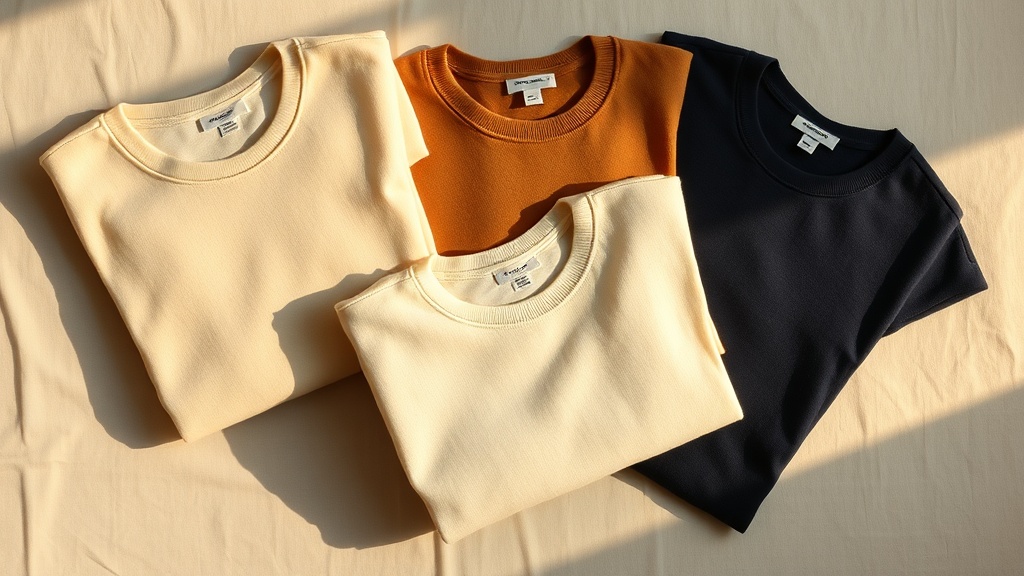 Folded cashmere t-shirts in cream, camel and navy arranged on a natural linen surface