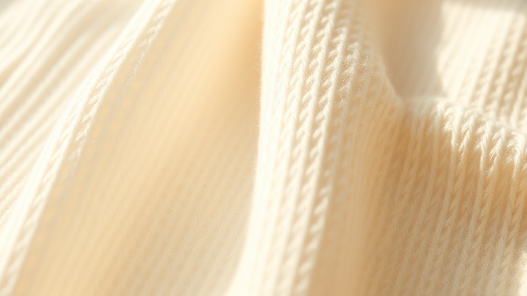 Close-up detail of fine-gauge ivory cashmere knit fabric texture in warm natural light