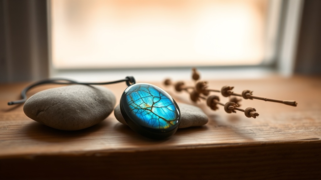 Polished labradorite pendant on wooden surface with blue and gold labradorescent flash visible