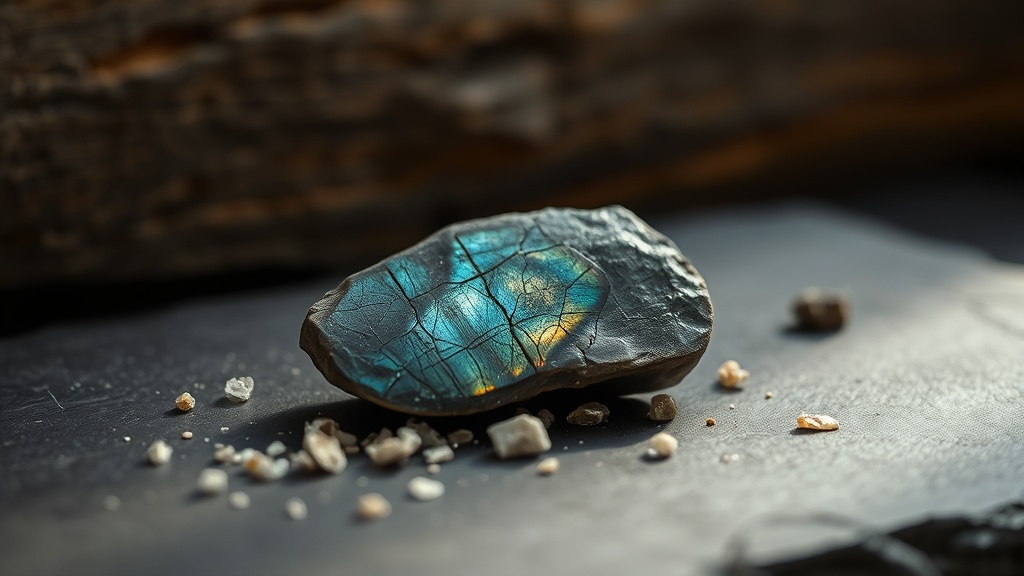 Raw labradorite specimen on slate surface showing faint labradorescent blue glow under directional light