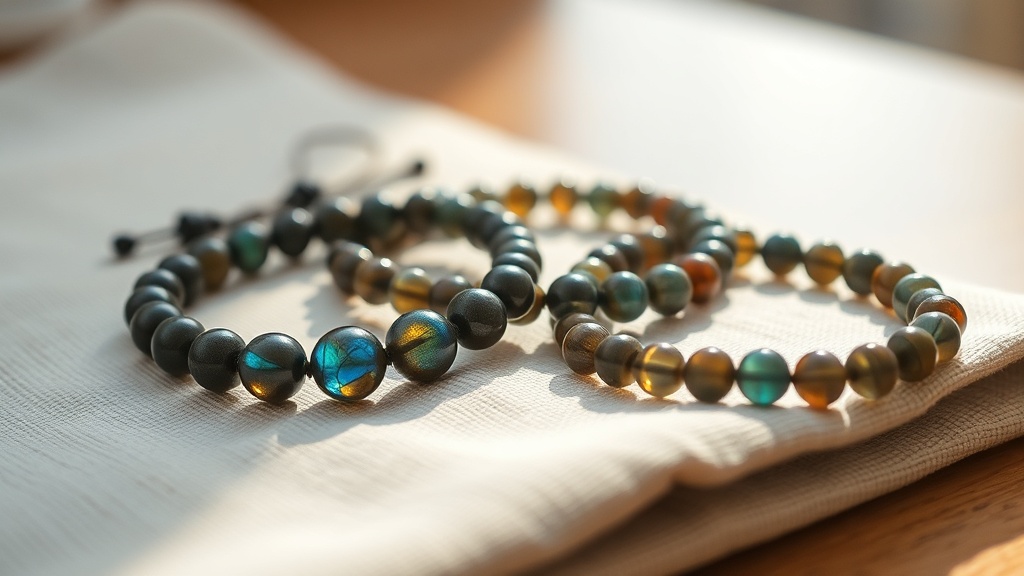 Three labradorite beaded bracelets on linen showing varying iridescent flash quality across beads