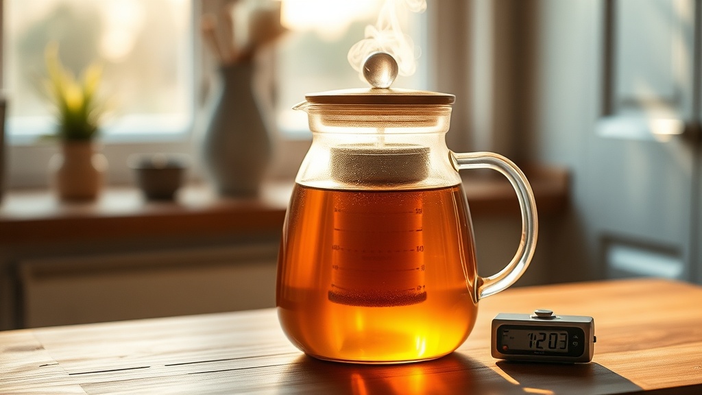 Théière en verre avec feuilles de thé en infusion et légère vapeur visible