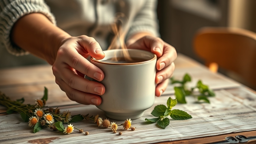Deux mains tenant une tasse de tisane fumante sur une table de cuisine en bois