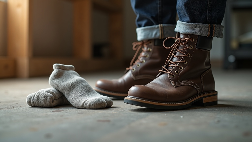 Calcetines para pies sensibles junto a botas de trabajo en obra