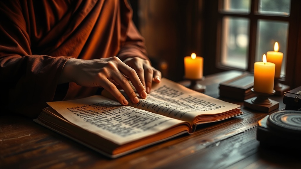 Mains de moine feuilletant un manuscrit sanskrit ancien, transmission des textes bouddhistes