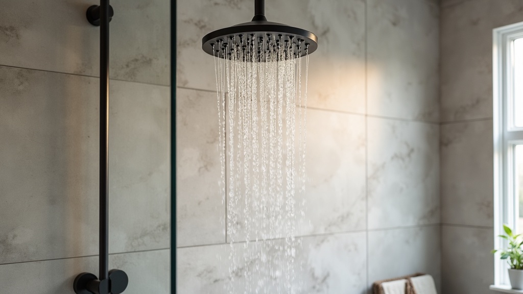 Contemporary shower with matte black rainfall head and frameless glass screen