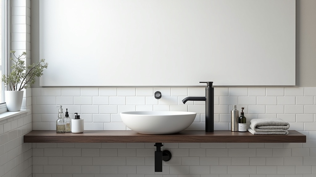 Simple contemporary bathroom with white tiles and wood-mounted basin