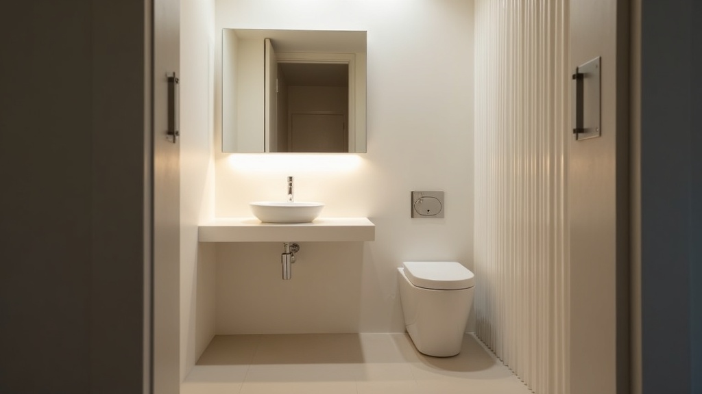 Small contemporary bathroom with floating vanity and full-width mirror