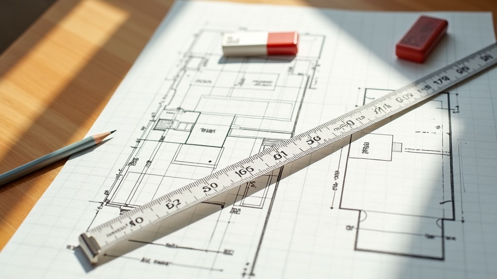 Room floor plan sketch with tape measure for furniture scaling