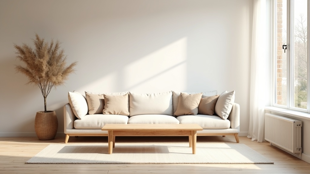 Well-scaled Scandinavian living room with linen sofa and oak coffee table in natural light