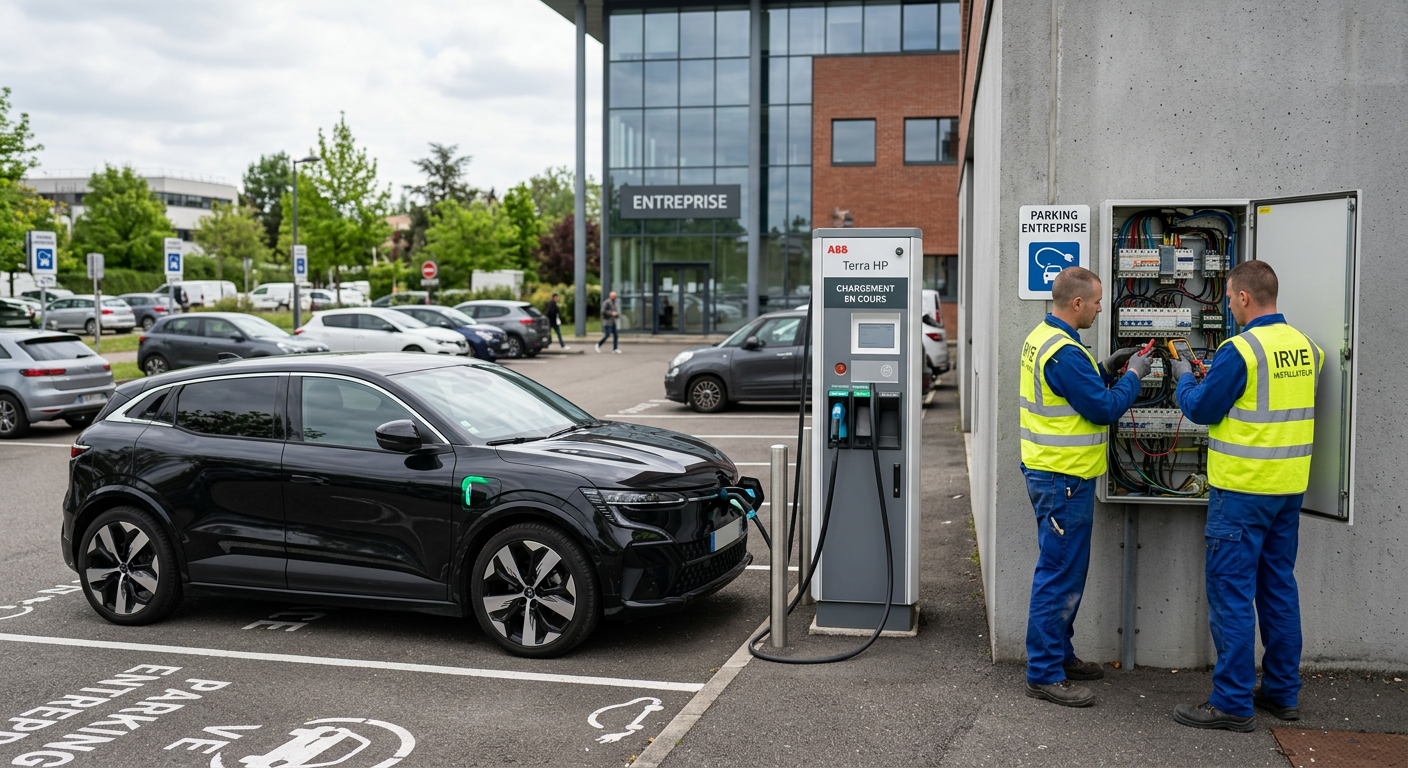 Borne de recharge électrique rapide en fonctionnement dans un parking d'entreprise avec un installateur vérifiant le tableau électrique.