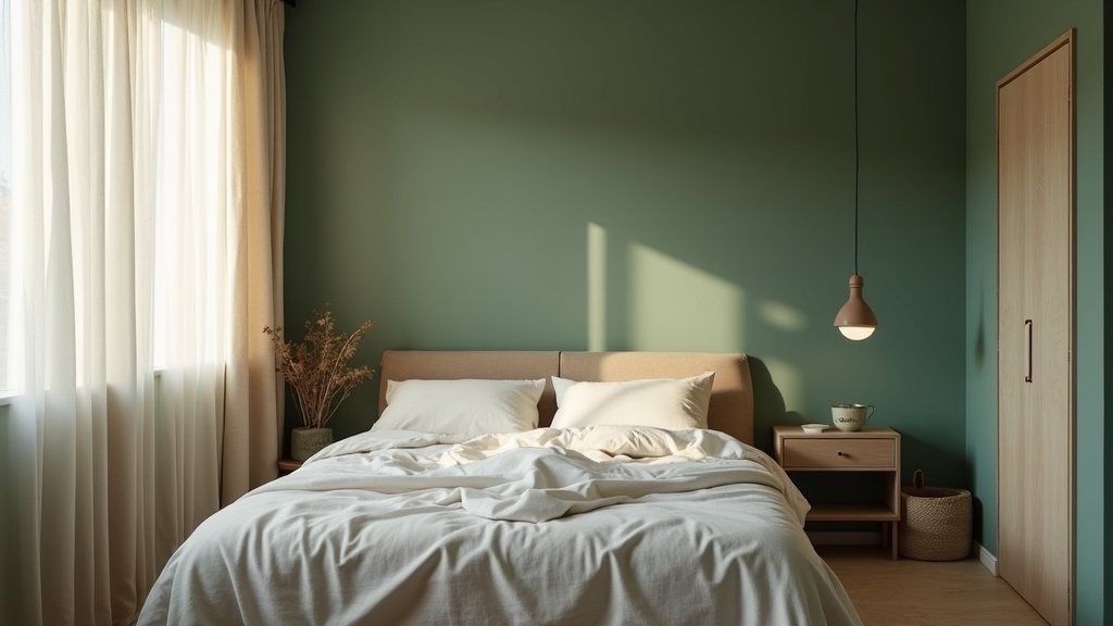 Best accent wall colors for small rooms: sage green accent wall in a calm, minimal bedroom