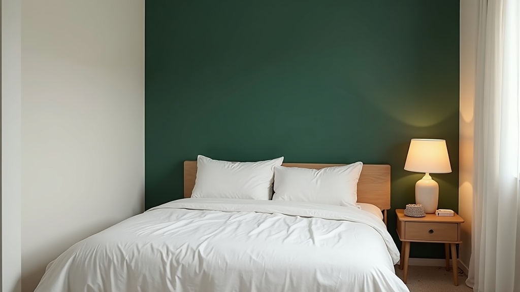 Deep forest green accent wall in a small bedroom creating visual depth