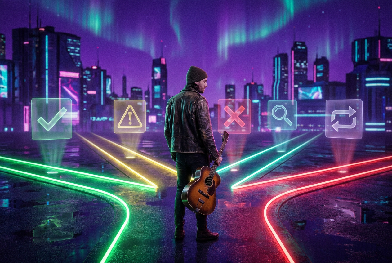 alt text: A musician standing at a crossroads with different streaming platform paths