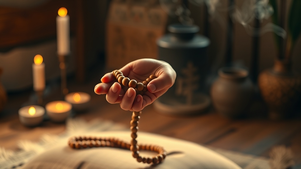 Mala tibétain en bois tenu dans les mains lors d'une session de méditation bouddhiste