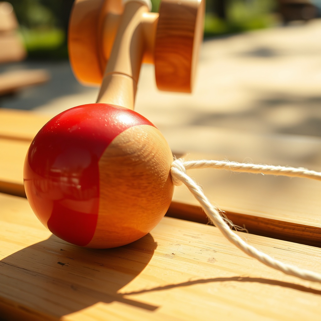 The same kendama an hour ago — glossy red tama, honey-turned ken, the cotton string still smelling of the shop.