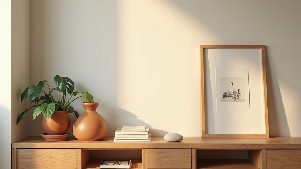 Bookshelf styled without books in a home office
