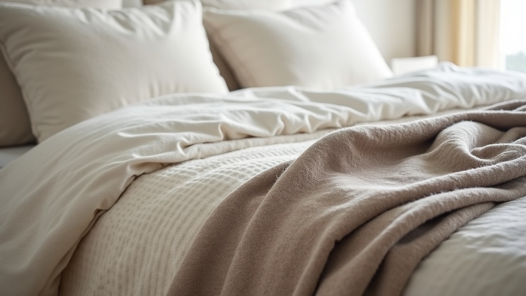 Layered linen and wool textures on a modern farmhouse bed