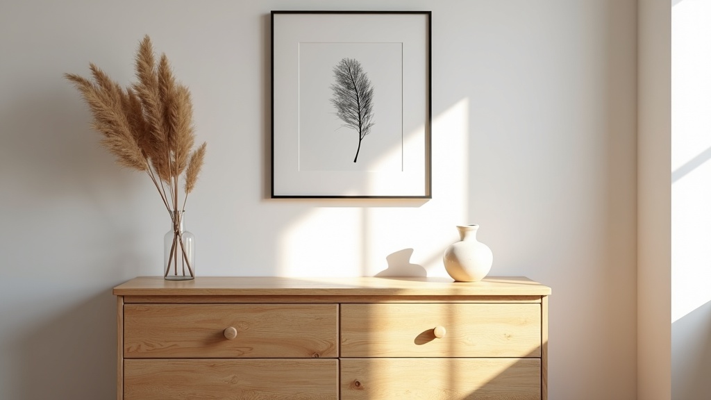 Single framed botanical print above oak dresser in a farmhouse bedroom