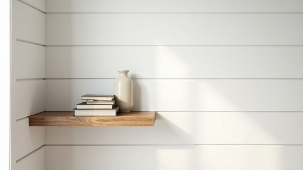 White shiplap wall with raw oak shelf in a modern farmhouse bedroom