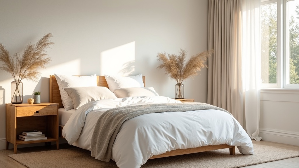 Modern farmhouse bedroom with white linen bed and warm morning light