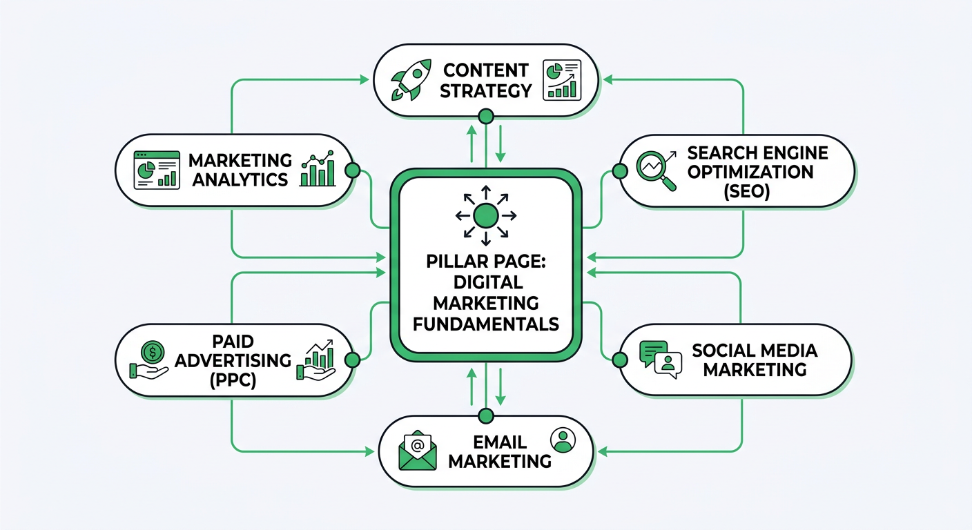 Minimal flat vector-style illustration of a content cluster map, showing one pillar page in the center with several connec...