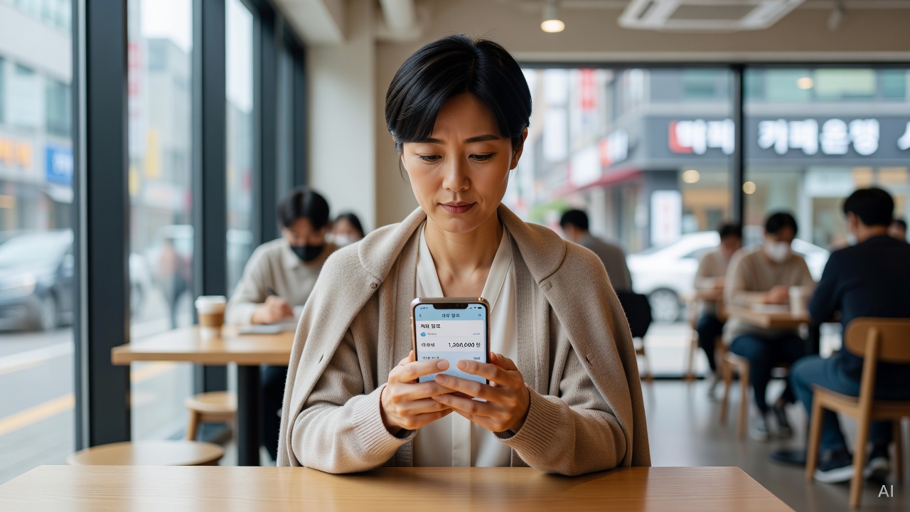 Korean woman in her 30s, short black hair, looking at banking app on smartphone at a cafe table