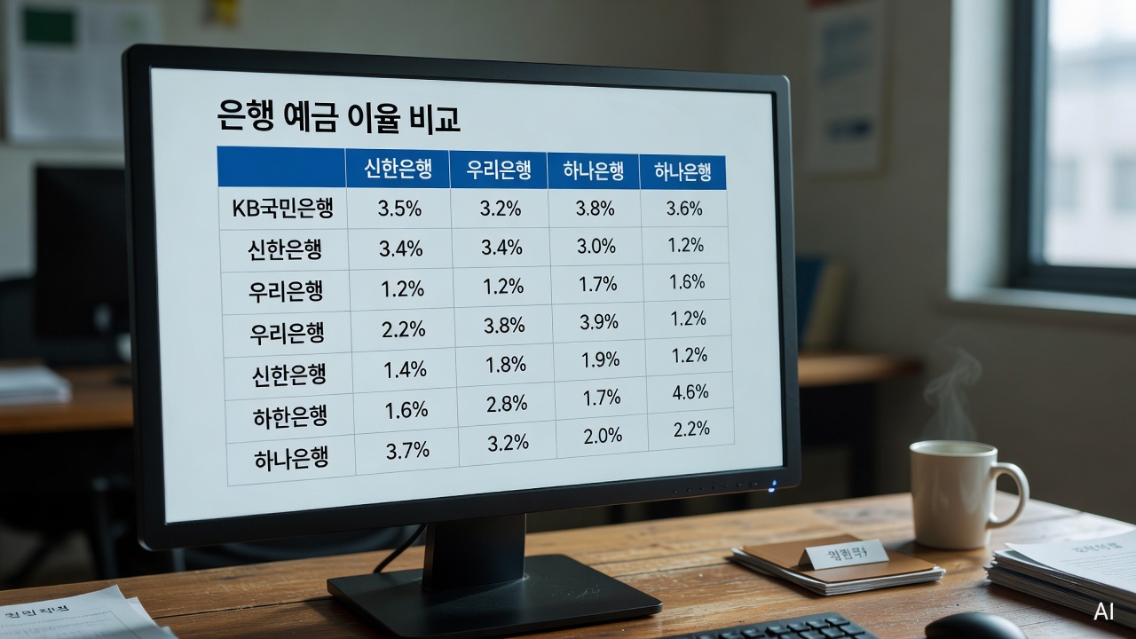 bank savings account interest rate comparison on a desktop computer screen, wooden desk background