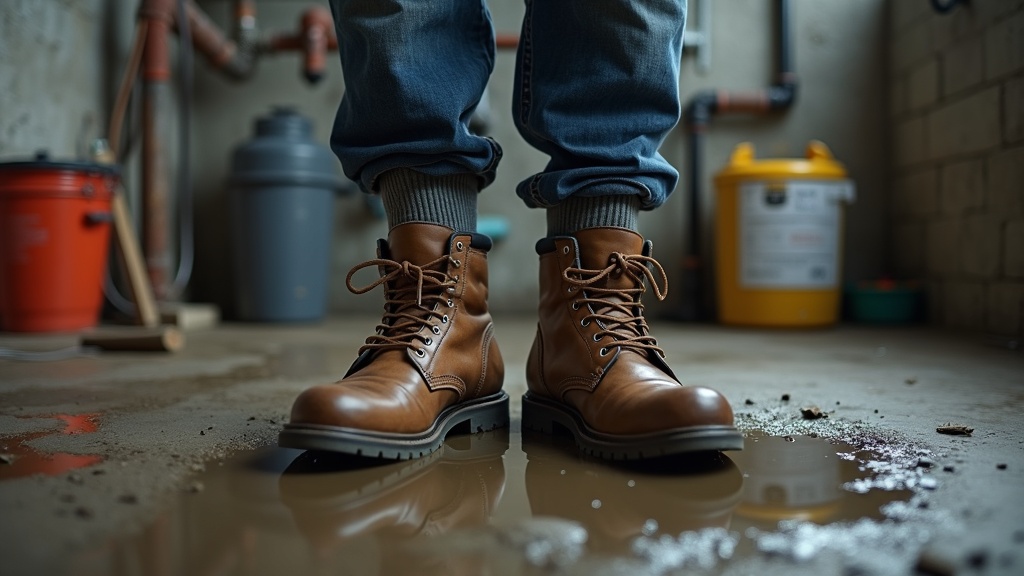 Plumber wearing waterproof work socks in wet basement
