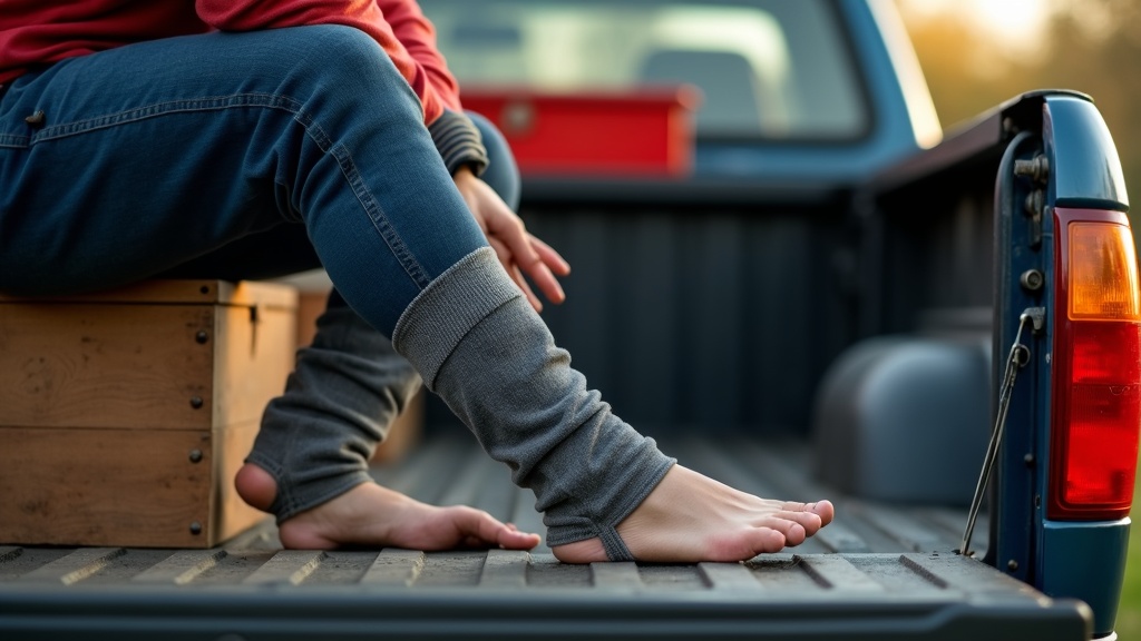 Plumber putting on over-the-calf waterproof work socks
