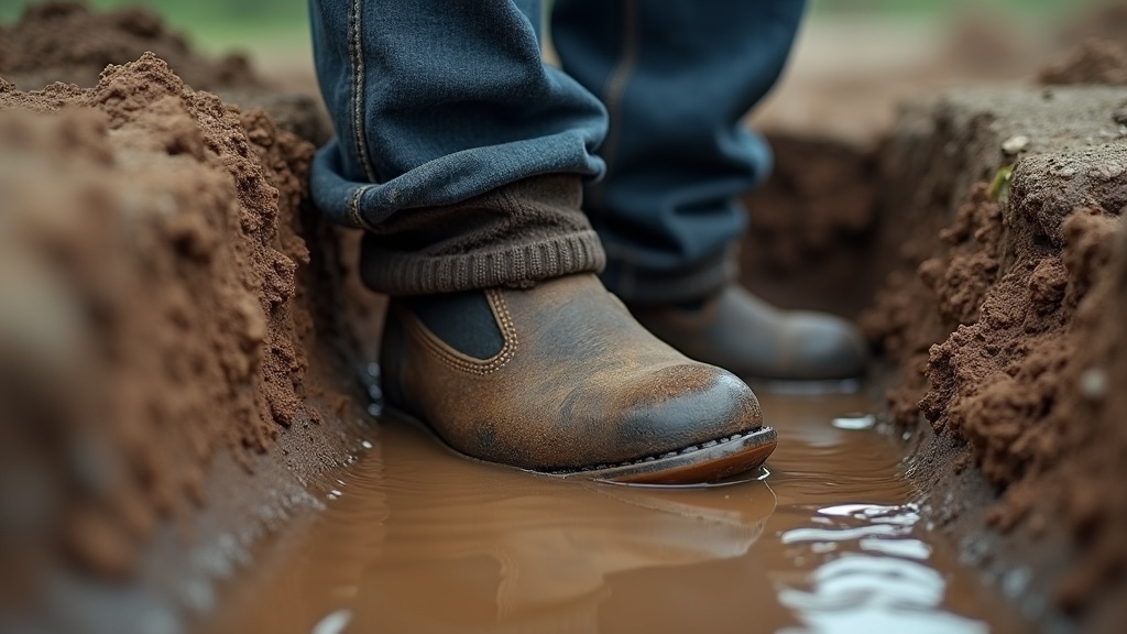 Plumber boot submerged in trench water on jobsite