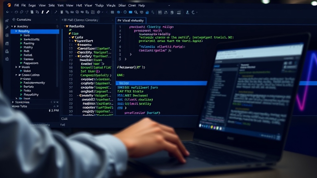 Developer coding in Visual Studio with the FiixCmms.Client.Net library open