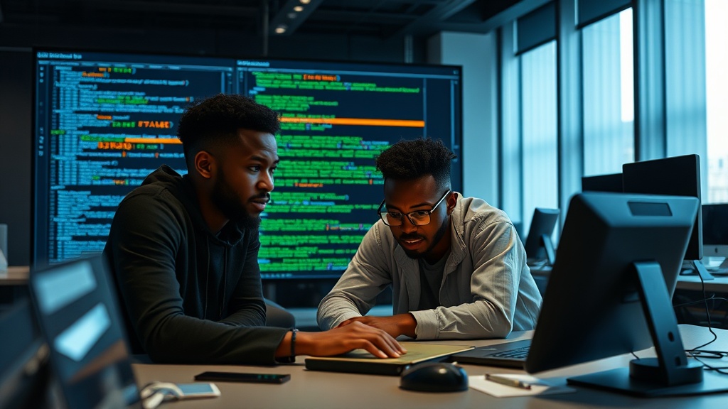 African university students collaborating on a coding project in a modern lab